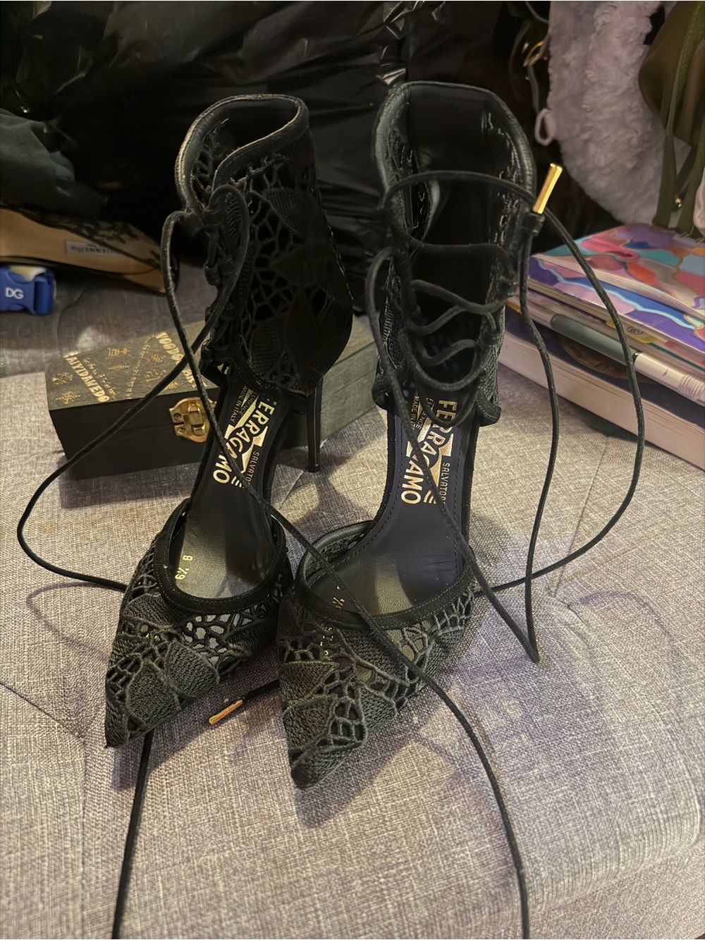 Salvatore Ferragamo Black Lace Pointed-Toe Lace-Up Stiletto Heels
